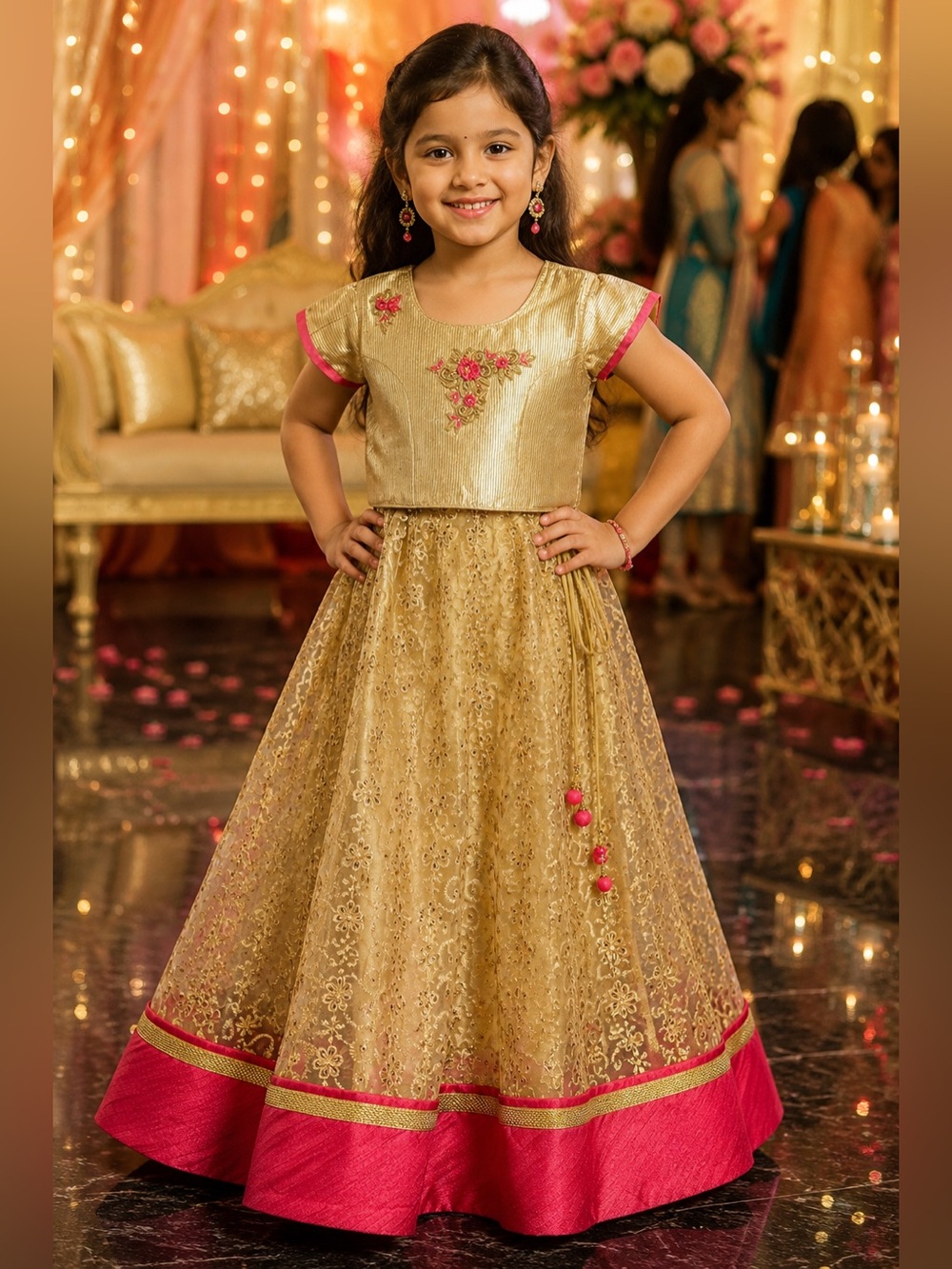 Girls Gold Pink Indian Lehenga Choli Dress Embroidered Wedding Party Size 6 7 8
